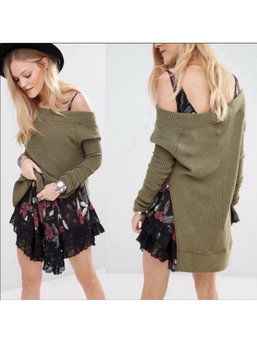 Free People Kate Thermal Long Sleeved Top: Olive Army Camo Green